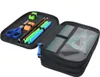 A black pencil case with various school supplies inside, including scissors, pencils, pens, erasers, rulers, and protractors. Produktbild-Vorschau