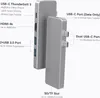 A close-up view of a silver USB-C hub adapter with various ports labeled with text descriptions. Produktbild-Vorschau