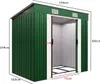A green metal garden shed with dimensions indicated by text overlays. Produktbild-Vorschau
