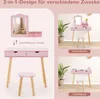 Collage showing a pink children's vanity set and desk with a stool and mirror, highlighting its 2-in-1 design. Podgląd zdjęcia produktu