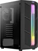 A black computer case with a glass side panel and RGB lighting on the front. Produktbild-Vorschau