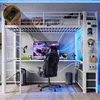 A loft bed with a desk and gaming setup underneath, featuring LED lighting. Náhled obrázku produktu