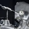 A split image showing a close-up of a metal object being worked on with a tool, and a close-up of a damaged or modified area on the same metal object. Anteprima dell’immagine prodotto
