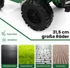 Close-up of a large wheel of a green ride-on toy car, with marketing text and images of different surfaces. Náhľad obrázku produktu
