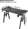 A black gaming desk with LED lighting, showing dimensions and load capacity. Produktbild-Vorschau