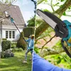 A split image showing a person using a telescopic pole saw in a garden on the left, and a close-up of the pole saw's cutting head on the right. Produktbild-Vorschau