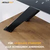A close-up view of a black metal V-frame table leg attached to a wooden tabletop, with text overlay. Voir les images du produit