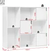 A white bookshelf with multiple compartments and doors, shown with dimensions and weight limits indicated by text and icons. Produktbild-Vorschau