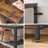 Collage showing details of a shoe rack, including its wood-grain texture, metal frame, a hand wiping the surface, shoes placed on it, and adjustable feet. Náhled obrázku produktu