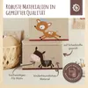 Two fabric storage boxes with animal designs, one with a deer and the other with a horse, are displayed. Text overlays highlight product features and certifications. Voir les images du produit