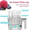 A close-up of an ice cream pint container with text highlighting its features, alongside a scoop of ice cream and blueberries. Produktbild-Vorschau