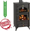 A black wood-burning stove with a glass-fronted oven and firebox, shown against a white background with promotional graphics. Voir les images du produit