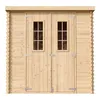 A front view of a wooden garden shed with double doors and two windows. Podgląd zdjęcia produktu