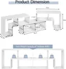Diagrams showing the dimensions and weight capacity of a white TV stand. Produktbild-Vorschau