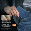 A person's hand is placing a blue phone case into their jeans pocket. Produktbild-Vorschau