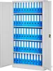 A gray metal filing cabinet filled with blue binders. Produktbild-Vorschau