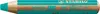 A close-up shot of a turquoise colored pencil with text printed on its wooden body. Produktbild-Vorschau