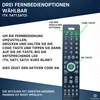 An image showing a remote control with instructions on how to set it up for different device options. Produktbild-Vorschau