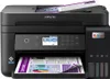 A black Epson EcoTank L6270 printer is shown from the front, with a document in the input tray and another in the output tray. Podgląd zdjęcia produktu