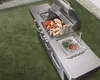 A stainless steel outdoor kitchen setup with a grill, sink, and stovetop, placed on a green lawn. Produktbild-Vorschau