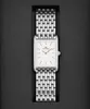 A rectangular silver watch with a white face is presented in a black box. Voir les images du produit