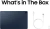 The image shows the back of a blue Samsung tablet and a white USB-C charging cable, with the text "What's in The Box" at the top. Produktbild-Vorschau