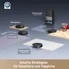 A diagram illustrating the smart strategies of a robot vacuum cleaner for pets and carpets, showing different modes of operation like crossing, avoiding, and vacuuming with mop lifting. Produktbild-Vorschau