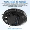 Underside view of a robotic vacuum cleaner with text overlay explaining its features. Voir les images du produit