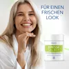 A smiling woman is shown next to a product container, with marketing text overlayed. Produktbild-Vorschau