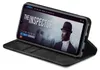 A smartphone in a black flip case is displayed at an angle, showing a movie poster on its screen. Produktbild-Vorschau