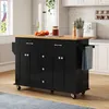 A black kitchen island with a wooden countertop is shown in a kitchen setting. Voir les images du produit