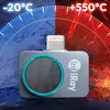 A thermal camera attachment for an Apple device, with a background depicting a temperature range from -20°C to +550°C. Voir les images du produit
