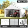 A large white carport tent with a red tractor inside, parked on a grassy area with trees and a fence in the background. Below the main image are three smaller images showcasing product features. Produktbild-Vorschau