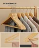 A collection of wooden hangers holding various garments, with close-up shots demonstrating features. Náhled obrázku produktu