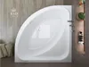 A top-down view of a white corner bathtub with a tiled wall and shelf with bottles and a plant to the right. Produktbild-Vorschau
