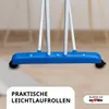 Close-up of the base of a blue laundry drying tower with white poles and black wheels, set against a blurred background of a floor. Produktbild-Vorschau