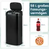 A black sensor trash can with dimensions and capacity information, alongside images of a soda bottle and a pizza for scale. Podgląd zdjęcia produktu