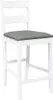 A white wooden bar stool with a gray upholstered seat is shown against a white background. Náhľad obrázku produktu
