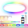 A circular LED ceiling light with a white frame, displaying a gradient of colors around its edge. Below the light, there are visual representations of different color temperatures and color options, along with sliders for adjustment. To the right, there ar Produktbild-Vorschau
