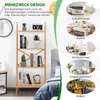 A multi-panel image showing a bamboo ladder shelf with books and plants, and lifestyle shots of the shelf in different rooms. Produktbild-Vorschau