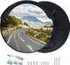 A convex mirror reflecting a scenic road and mountain landscape, with mounting hardware shown below. Produktbild-Vorschau