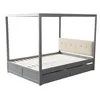 A grey canopy bed frame with a beige tufted headboard and two drawers underneath, shown against a white background. Produktbild-Vorschau