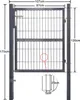 A gray metal garden gate with dimensions indicated by text and lines. Produktbild-Vorschau