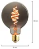 A close-up studio shot of a single smoke-colored LED light bulb with a spiral filament, with dimensions indicated. Produktbild-Vorschau