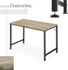 A desk with a wooden top and black metal legs, presented with descriptive text and a close-up of the wood grain. Náhled obrázku produktu