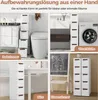 Collage of images showing a white narrow storage cabinet in different room settings: bathroom, laundry room, office, and classroom. Produktbild-Vorschau