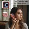 A woman is holding a phone with a red leather case to her ear, demonstrating its use for calls. The image also includes close-ups of the phone case's features. Produktbild-Vorschau