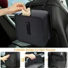 A person is placing crumpled paper into a black car trash can that is hanging on the back of a car seat. Below this main image are three smaller images showing the trash can being folded and stored. Produktbild-Vorschau