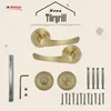 A product image showcasing door handles and their accessories, with marketing text and a logo. Produktbild-Vorschau