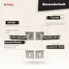 A marketing image showcasing a door handle set with various features highlighted by text and lines. Produktbild-Vorschau